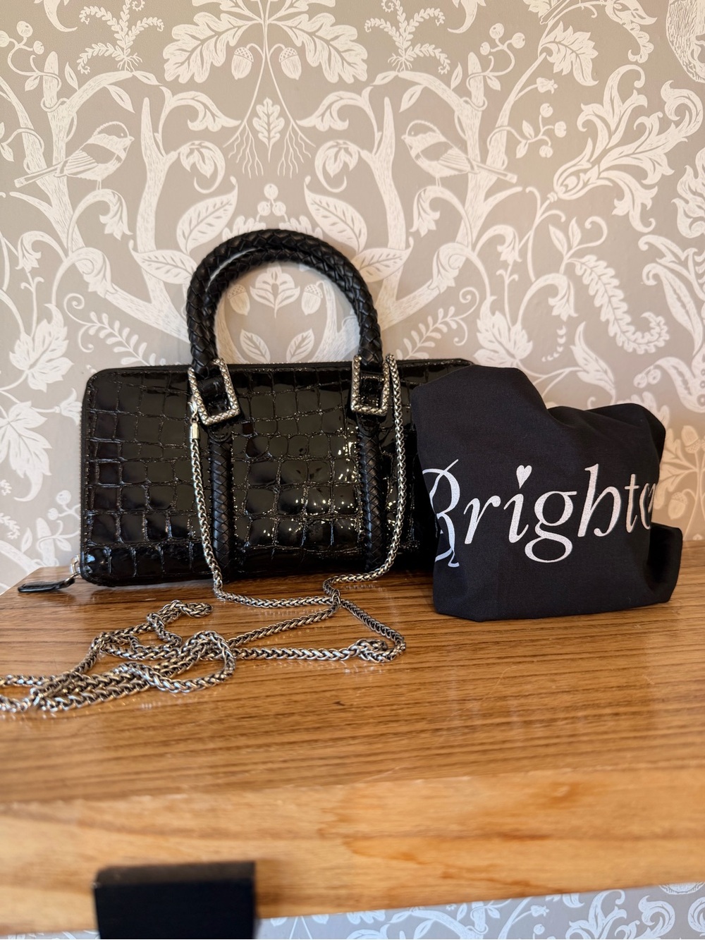 Brighton Top Handle Woven Patent Leather wallet Dustbag & Chain Strap EUC Black